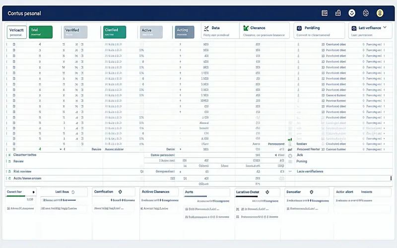 FSO console wireframe showing personnel verification status dashboard with clearance indicators and risk signals