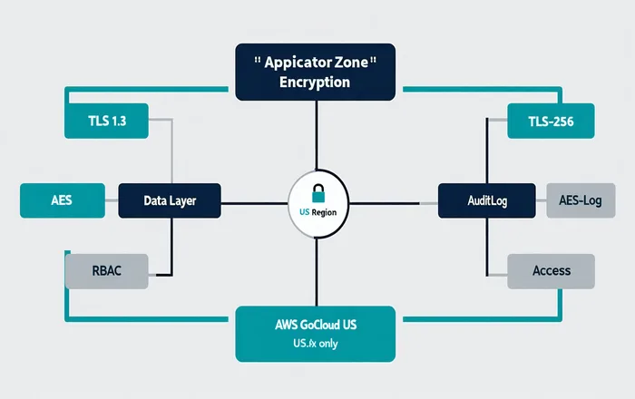 Security infrastructure diagram showing AWS GovCloud deployment with encryption and access control layers